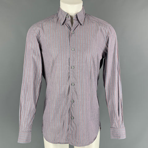 ERMENEGILDO ZEGNA Size M Grey &  Red Stripe Cotton Button Down Long Sleeve Shirt