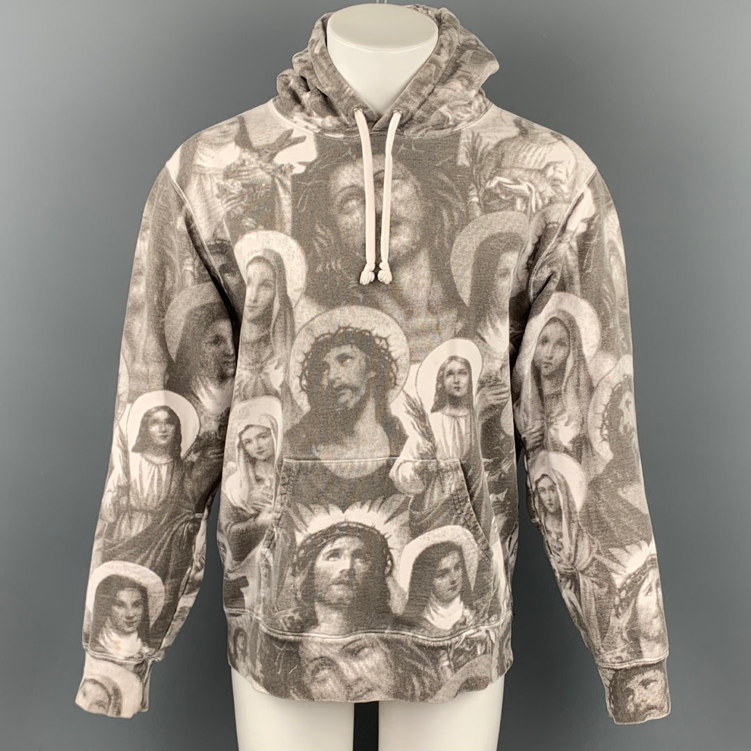 SUPREME FW 2018 Jesus & Mary Size L Grey & White Cotton Hooded Sweatshirt