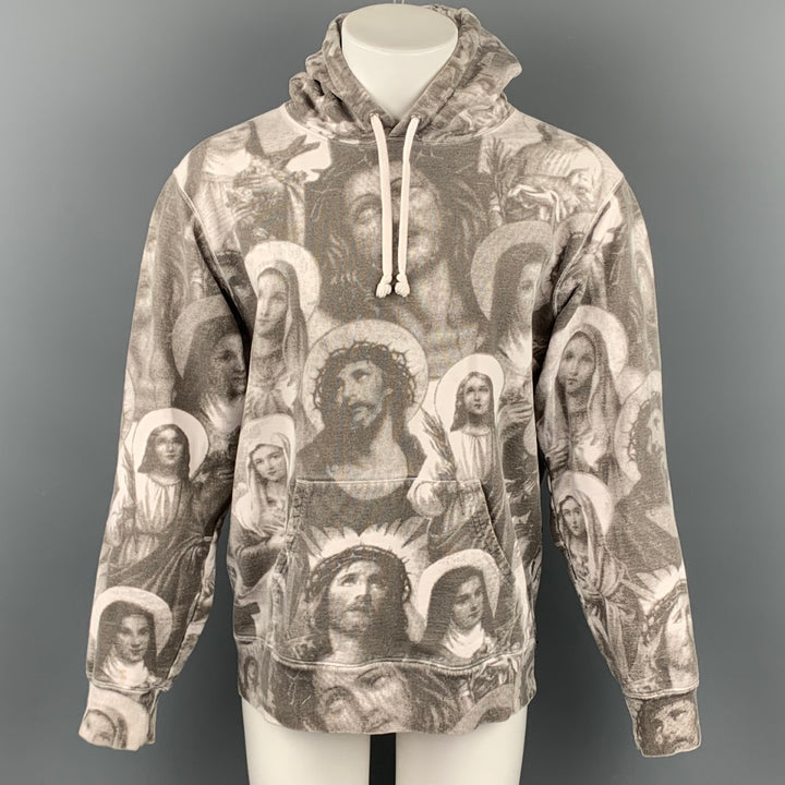 SUPREME FW 2018 Jesus & Mary Size L Grey & White Cotton Hooded Sweatshirt