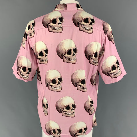 ENDLESS JOY Size XL Pink Brown Skulls Tencel Rayon Camp Short Sleeve Shirt