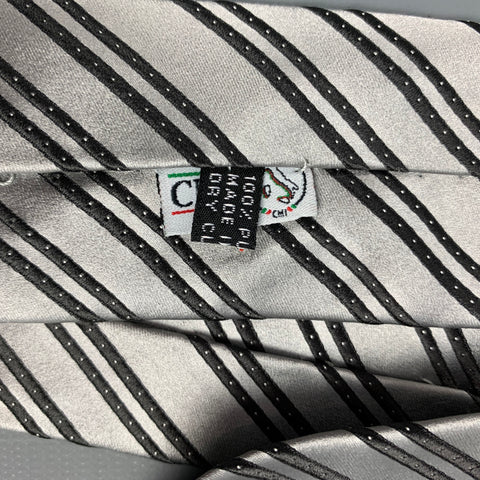 STEFANO RICCI Silver & Black Stripe Satin Silk Tie