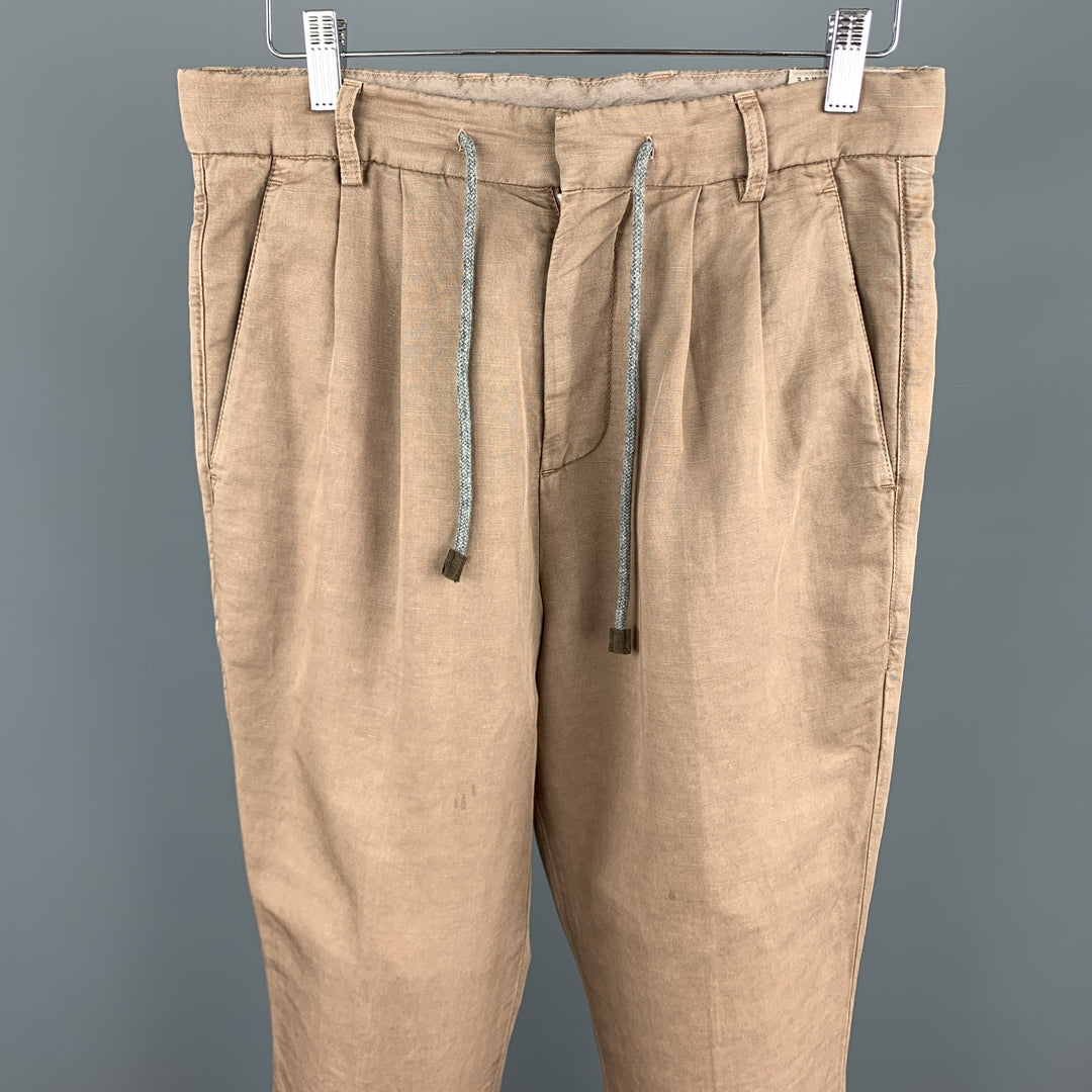 BRUNELLO CUCINELLI Talla 28 Pantalones casuales con cordón de lino / algodón tostado