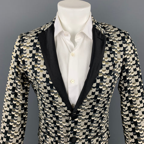 MR TURK Size 36 Grey & Black Jacquard Cotton Blend Notch Lapel Suit