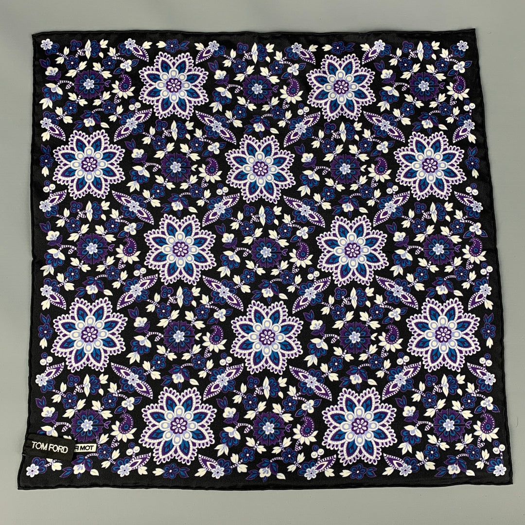 TOM FORD Black Purple White Abstract Floral Silk Pocket Square