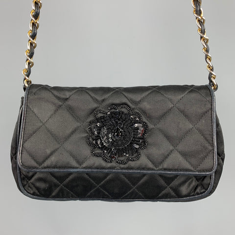 Vintage CHANEL Black Quilted Nylon Leather Trim Cross Body Handbag