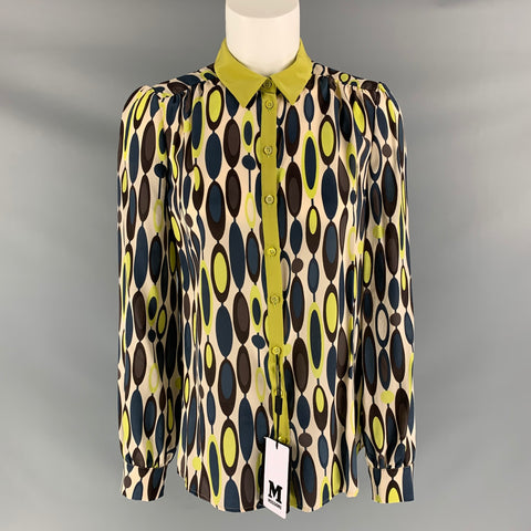 M MISSONI Size 4 Green, Blue & Cream Silk Abstract Blouse