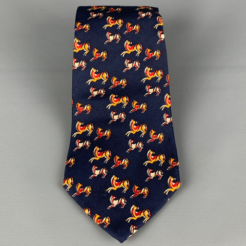 SALVATORE FERRAGAMO Navy Red Yellow Horse Print Silk Tie