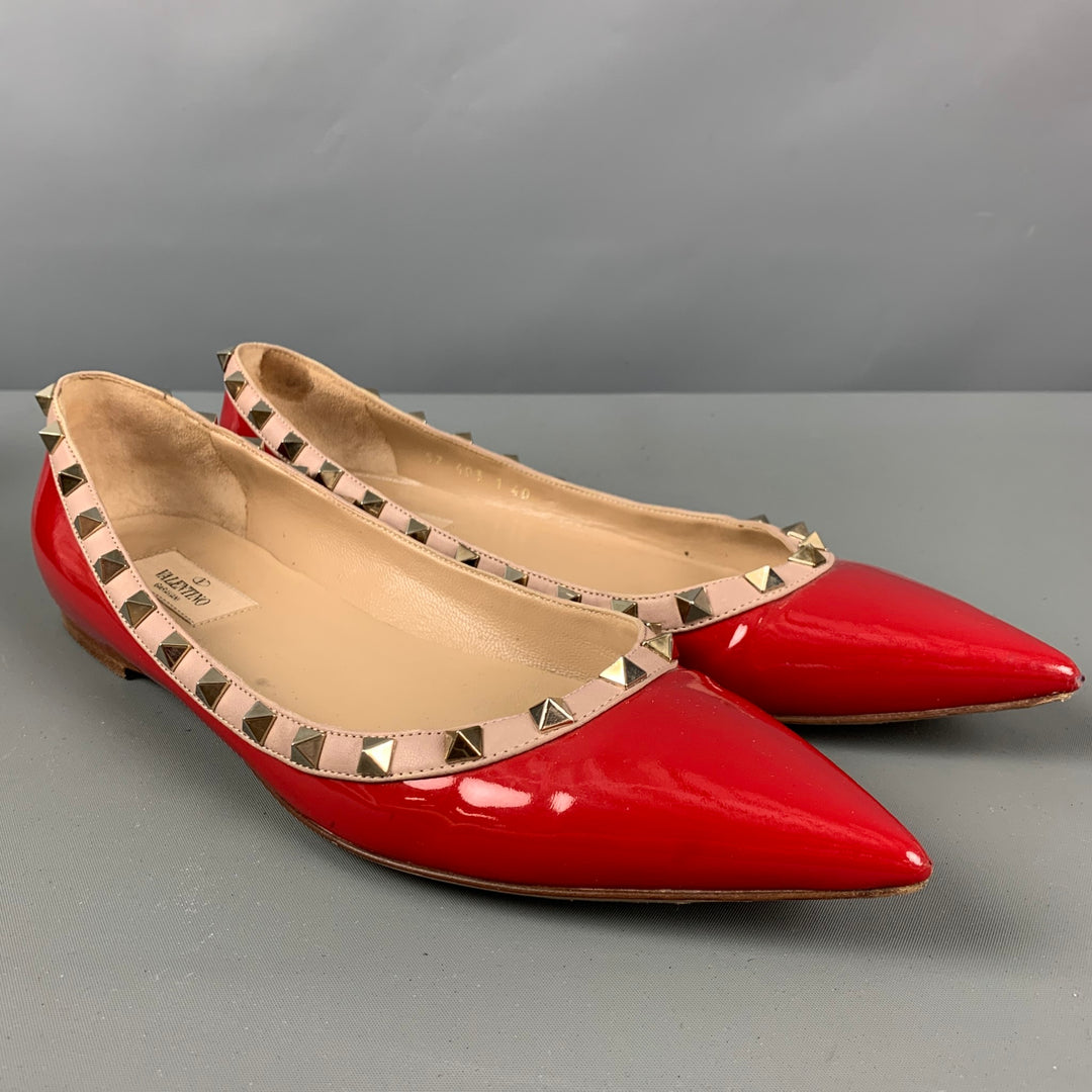 VALENTINO Size 10 Red Nude Patent Leather Studded Ballet Flats