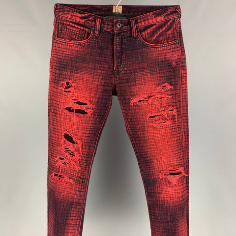 PRPS Size 32 Red & Black Distressed Denim Zip Fly Skinny Jeans