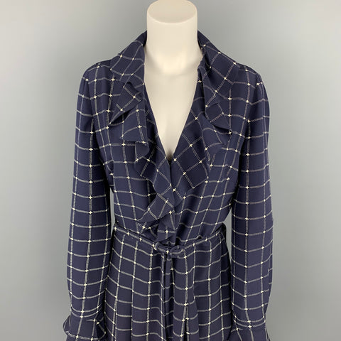 Colección RALPH LAUREN Talla 8 Vestido con cinturón de seda a cuadros azul marino y blanco