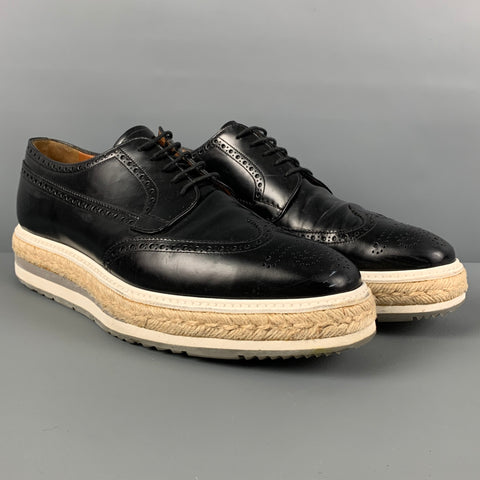 PRADA Size 10 Black White Perforated Leather Platform Lace Up Shoes