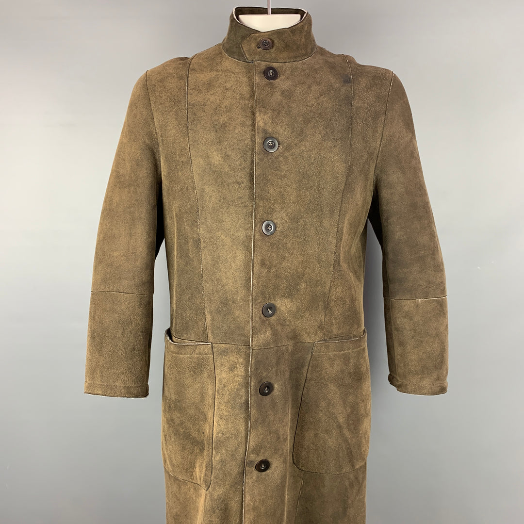 ARMANI COLLEZIONI Size 42 Olive Distressed Shearling Buttoned Coat