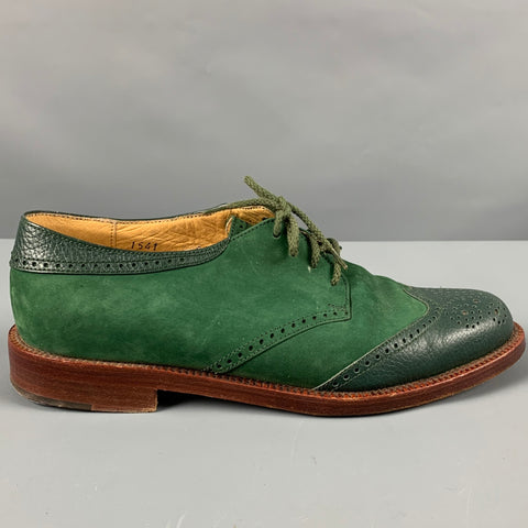 LOBB'S Size 8 Green Perforated Suede Wingtip Lace Up Shoes
