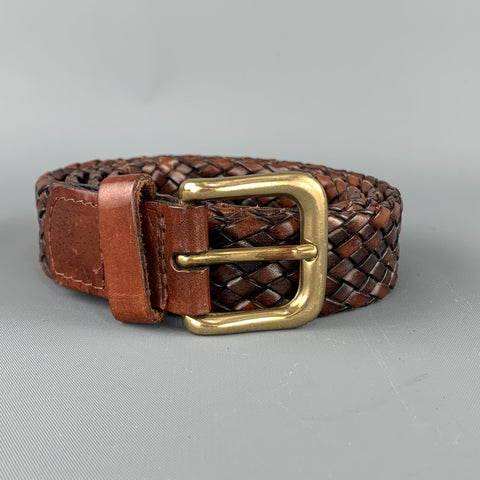 VINTAGE Sz 36 Ceinture à boucle en laiton doré en cuir marron tissé