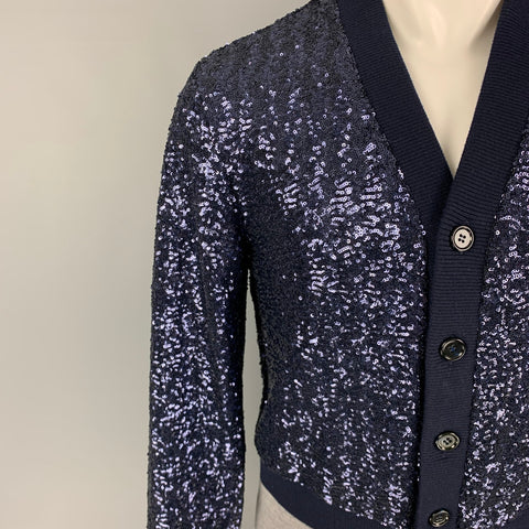 DOLCE & GABBANA Size 38 Navy Grey Sequined Polyester Buttoned Cardigan