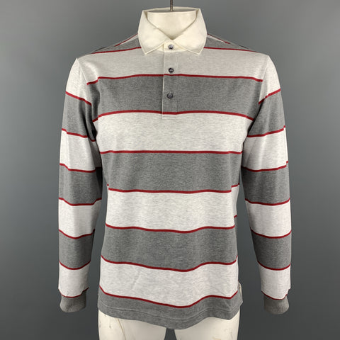 LORO PIANA Size XL Grey Stripe Cotton Half Buttoned Long Sleeve POLO