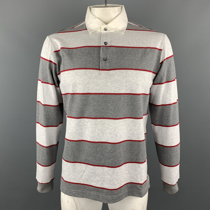 LORO PIANA Size XL Grey Stripe Cotton Half Buttoned Long Sleeve POLO