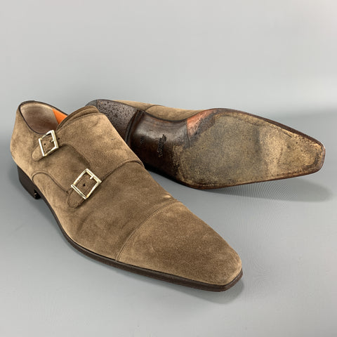 SANTONI Size 11.5 Taupe Suede Double Monk Strap Loafers