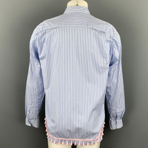 COMME des GARCONS HOMME PLUS Size M Blue Stripe Cotton Fringe Trim Long Sleeve Shirt