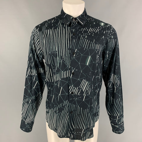 AGNÈS B. Baudelocque Size L Navy Print Cotton Button Up White Long Sleeve Shirt