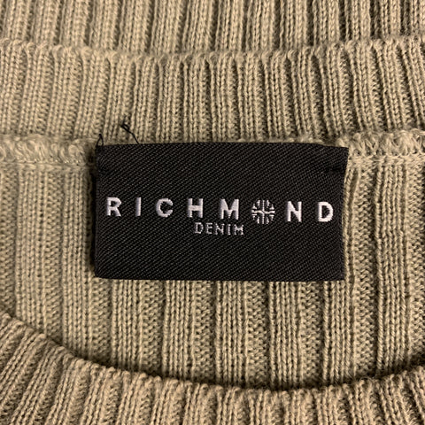 JOHN RICHMOND Taille S Olive Ribbed Knit Gold Graphic Wool Blend Crew-neck Pull Pull