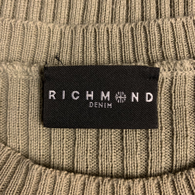 JOHN RICHMOND Size S Olive Ribbed Knit Gold Graphic Wool Blend Crew-Neck Pullover Sweater