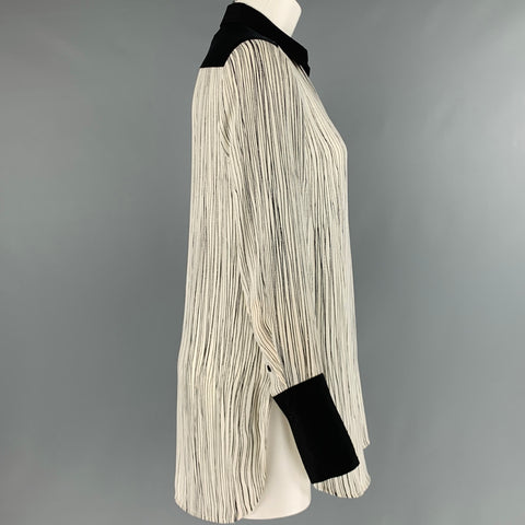 VINCE Talla XS Blusa con ribete en contraste con líneas de seda blanca y negra