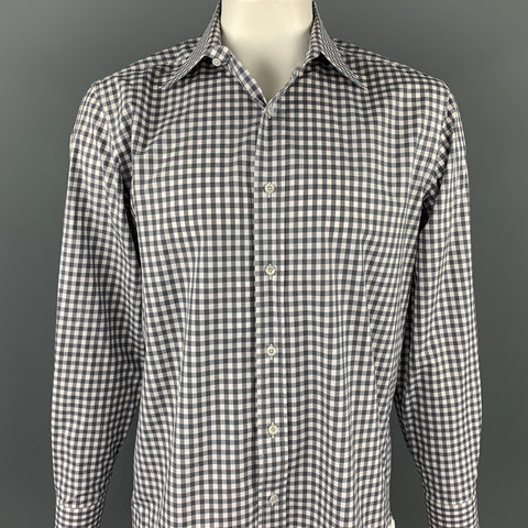 TOM FORD Size XL Grey & White Checkered Cotton Button Up Long Sleeve Shirt