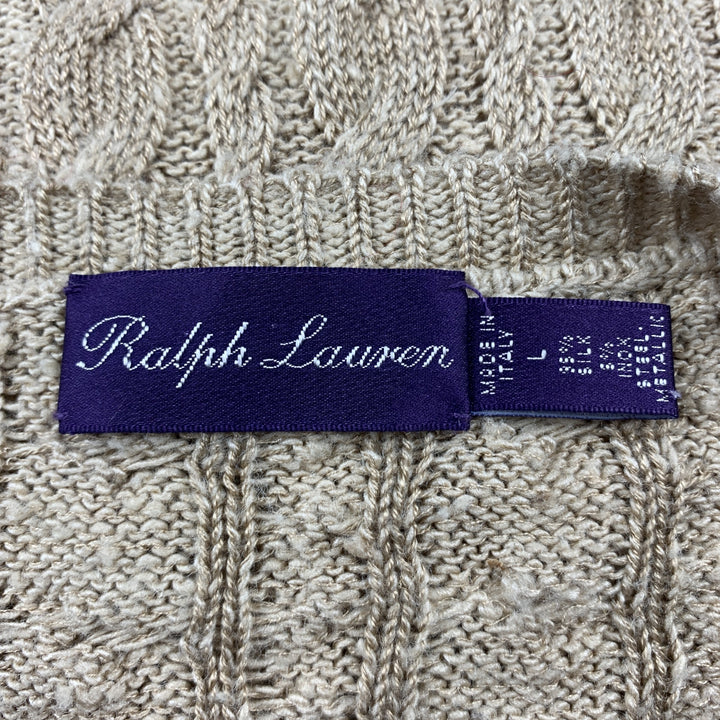 RALPH LAUREN Purple Label Size L Khaki Cable Knit Silk Blend Crew-Neck Sweater