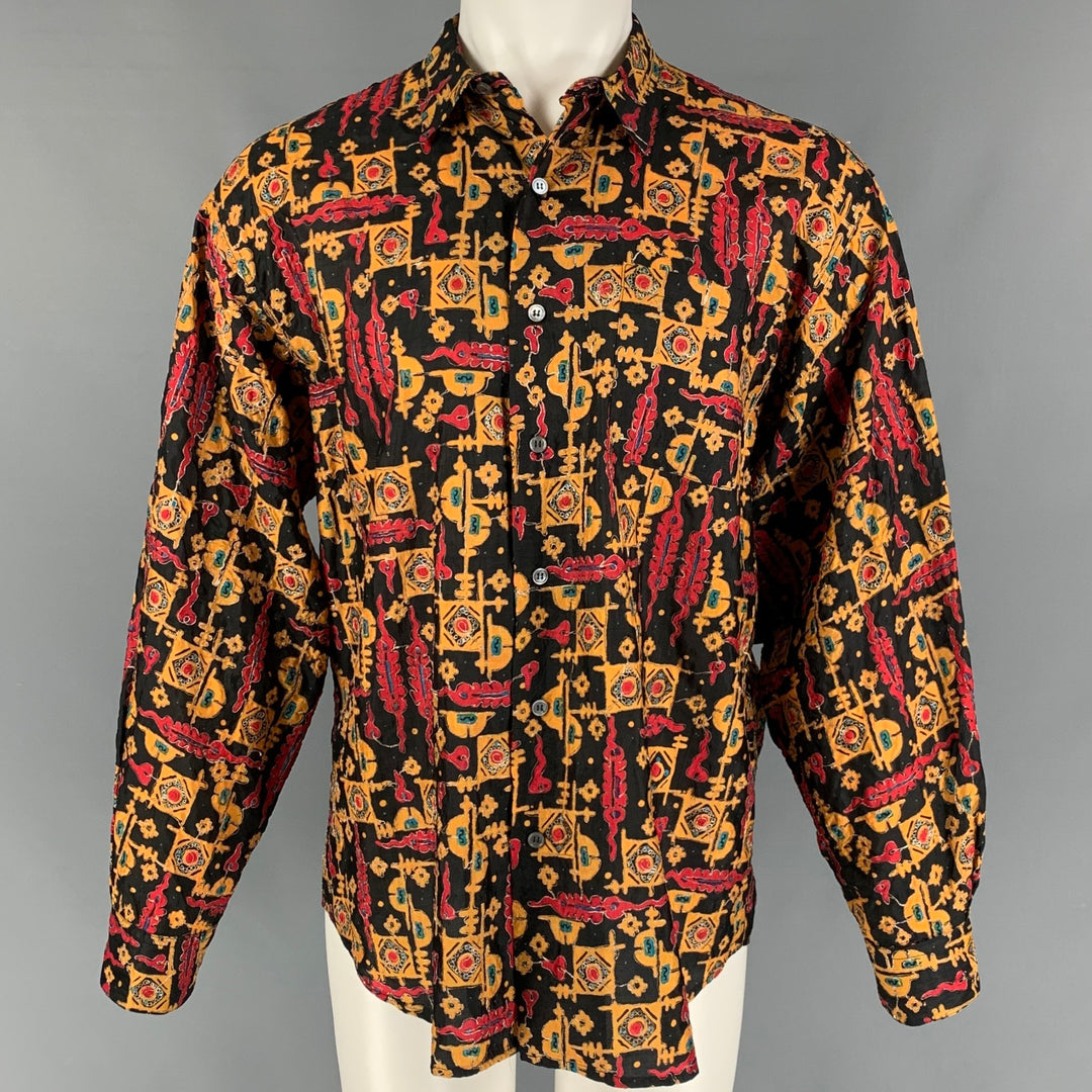Vintage PAUL SMITH Size M Black Red Yellow Embroidery Silk Long Sleeve Shirt
