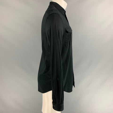 RALPH LAUREN Talla M Camisa de manga larga con charreteras de algodón liso negro