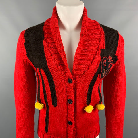 WALTER VAN BEIRENDONCK Size S Red & Yellow Knitted Wool Face Patch Cardigan