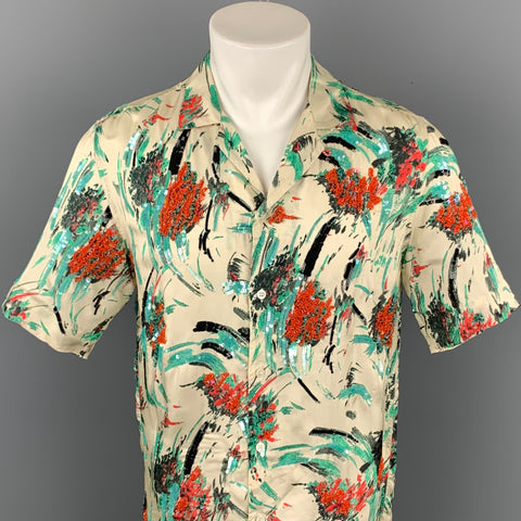 DRIES VAN NOTEN S/S 20 Size XS Beige & Green Beaded Viscose Camp Short Sleeve Shirt