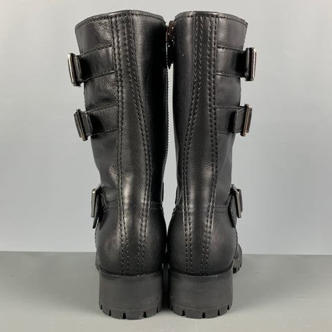 PRADA Talla 8 Botas con cinturón liso de cuero negro