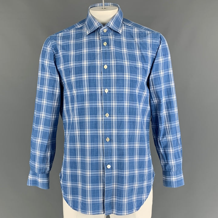 KITON Size L Blue and White Plaid Cotton Button Down Long Sleeve Shirt