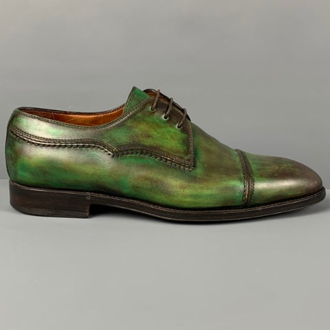 BONTONI Taille 10 Chaussures à lacets en cuir marbré vert marron avec bout renforcé