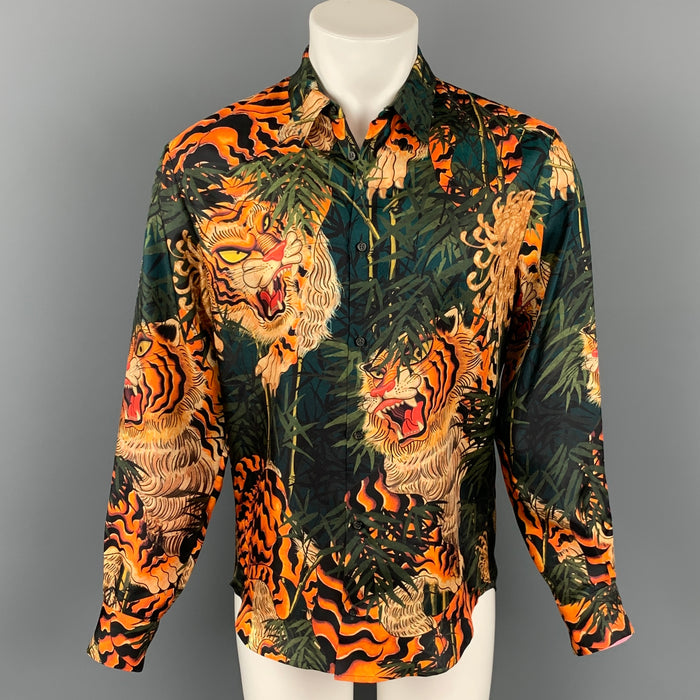 DSQUARED2 Talla S Camisa de manga larga con botones de seda con estampado verde y naranja