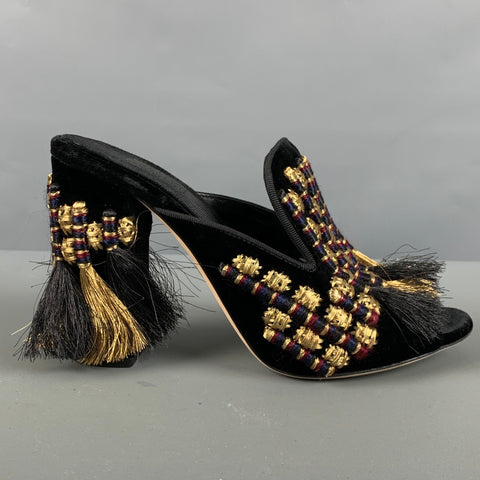 SANAYI 313 Zapatos de tacón tipo mulas bordados de terciopelo negro dorado talla 9