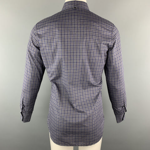 YVES SAINT LAURENT Taille S Chemise à manches longues en coton à carreaux gris et marine, boutonnée avec poche plaquée