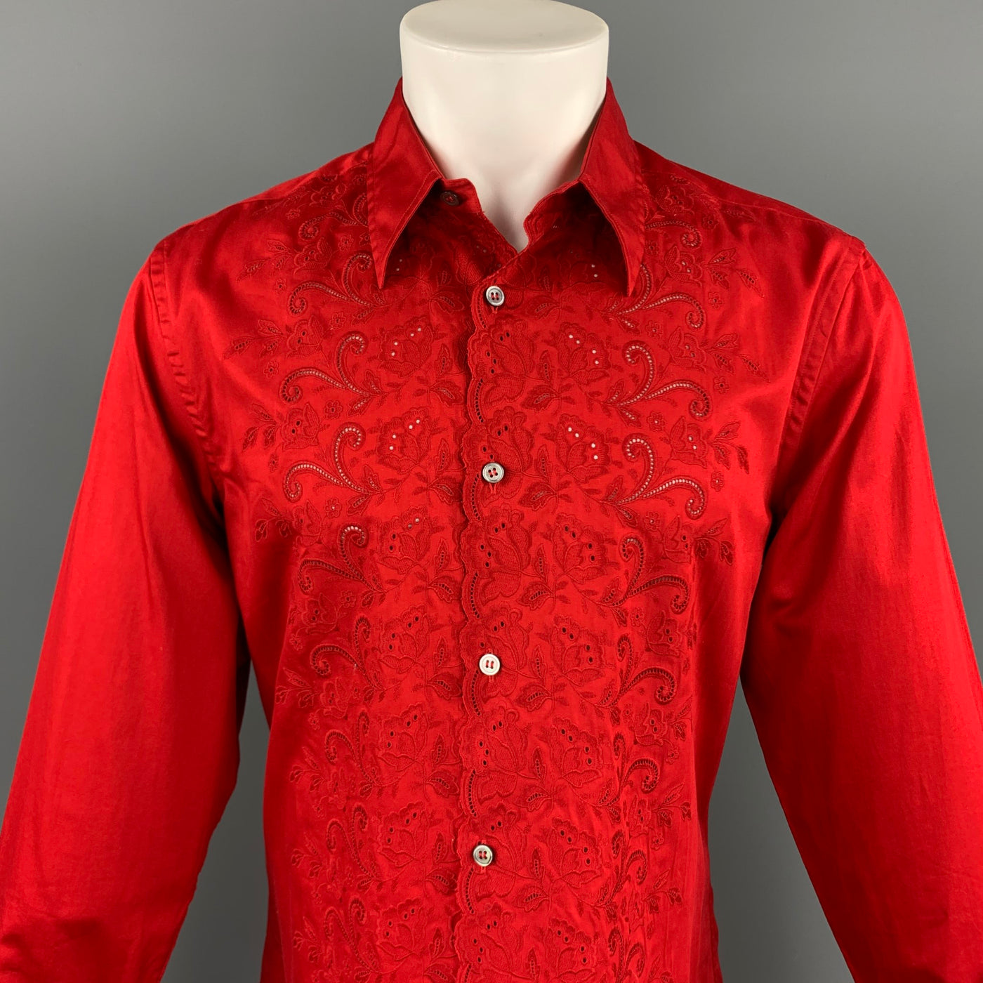 PAUL SMITH Size L Red Embroidery Cotton Button Up Long Sleeve Shirt