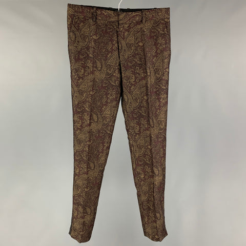 THE KOOPLES Size 30 Burgundy Gold Paisley Linen Cotton Zip Fly Dress Pants