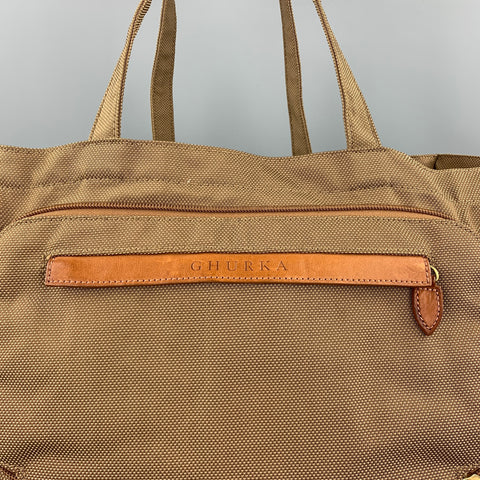GHURKA Khaki Nylon Leather Trim Tote Handbag