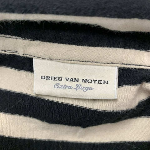 DRIES VAN NOTEN Size XL Black Cream Stripe Cotton Short Sleeve Polo