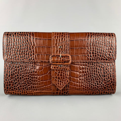 DRIES VAN NOTEN Brown Alligator Embossed Leather Clutch