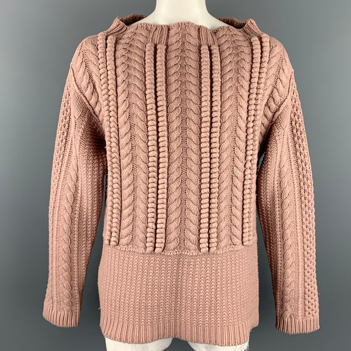 BURBERRY PRORSUM Resort 2013 Size XL Rose Pink Cable Knit Wool Wide Neck Sweater
