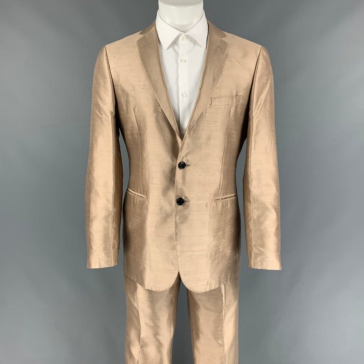 TONELLO Size 42 Gold Textured Silk Notch Lapel Suit