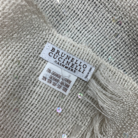 BRUNELLO CUCINELLI Bufanda color crema de cachemira y seda con flecos y lentejuelas