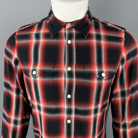 PS by PAUL SMITH Talla M Camisa de manga larga con botones de rayón a cuadros rojos y negros y bolsillos de parche en la espalda en contraste