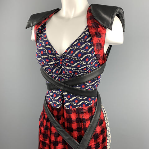 MICHEL KLEIN Size S Multi-Color Patchwork Mixed Fabrics Silk Belted Sheath Dress