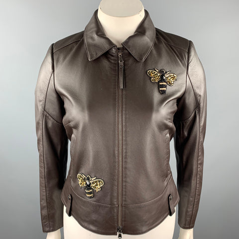 GIZIA Size 6 Brown Leather Bumble Bee Embellishment Zip Up Jacket